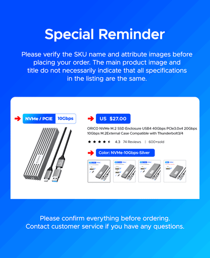 ORICO M.2 NVMe SATA SSD Enclosure - 10Gbps Portable External Drive Case