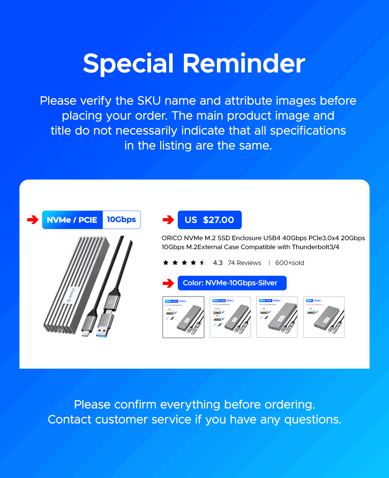 ORICO M.2 NVMe SATA SSD Enclosure Adapter USB 3.2 10Gbps Tool-Free Case