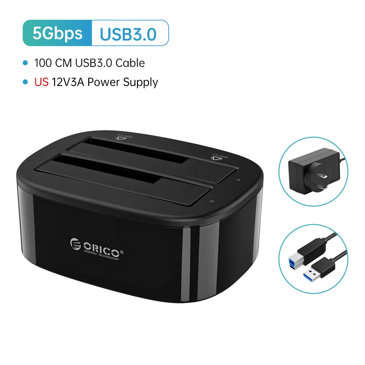 Dual-Bay Hard Drive Docking Station for 2.5/3.5" HDD & SSD USB 3.0