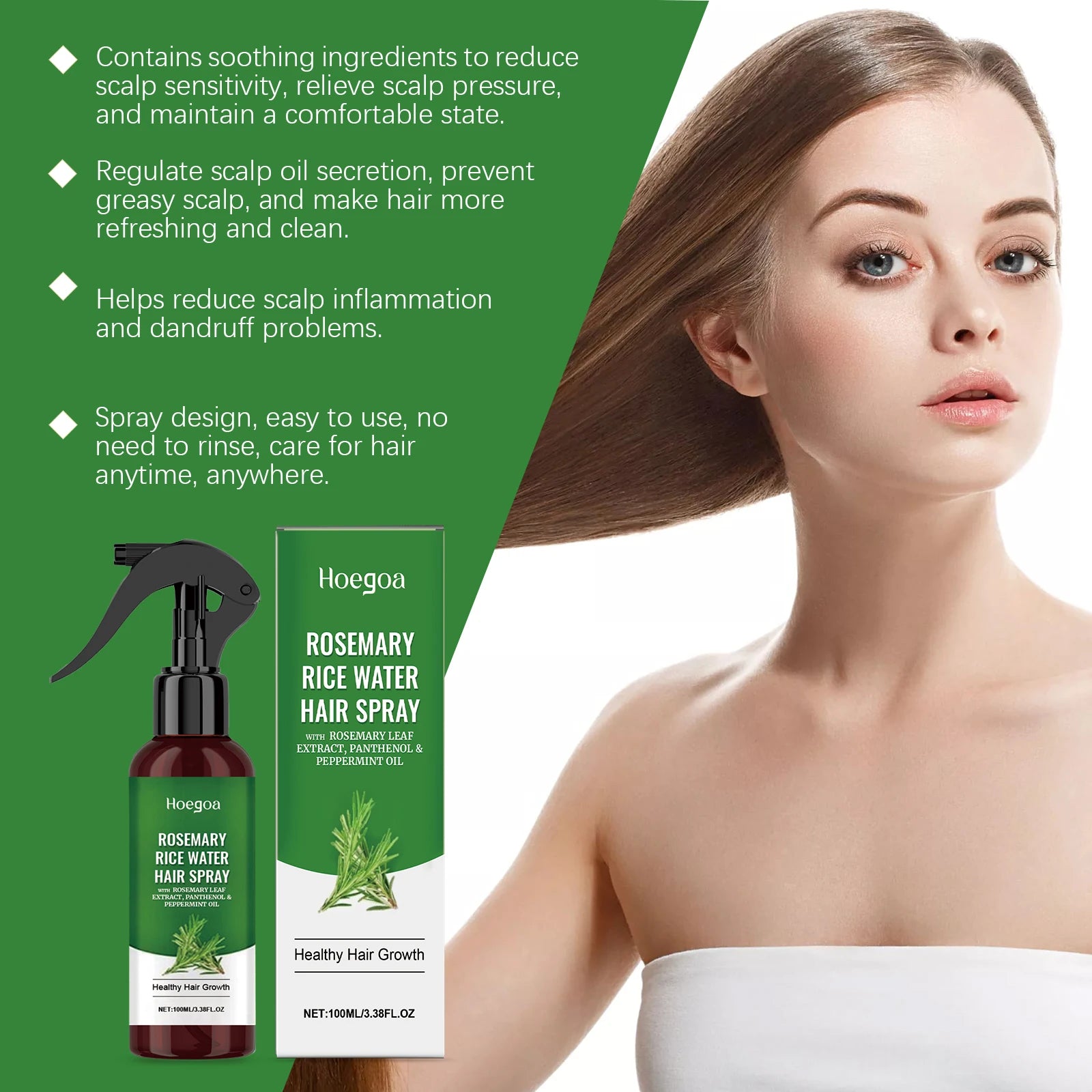 Rosemary Rice Water Hair Growth Spray - Leave-In Conditioner for Damaged Hair - 16