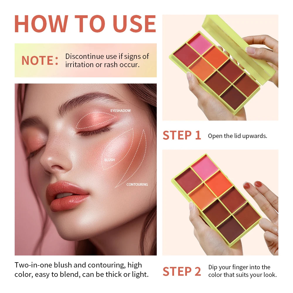 8-Color Cream Blush Palette - Long-Lasting Matte Face Makeup - 3