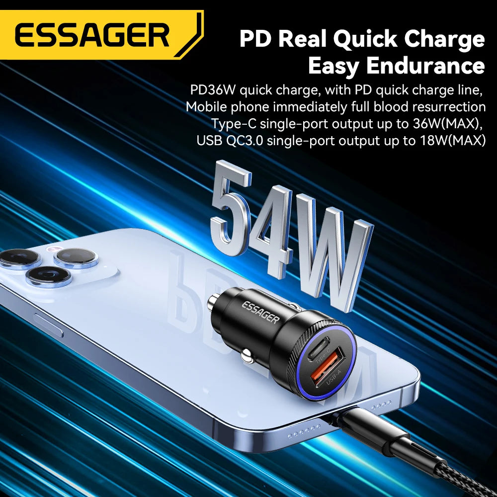 Essager 54W Dual Port Fast Car Charger - USB-C & USB-A PD/QC 3.0 Adapter - 2