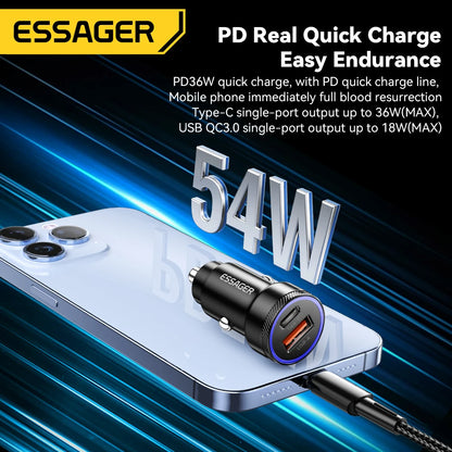 Essager 54W Dual Port Fast Car Charger - USB-C & USB-A PD/QC 3.0 Adapter