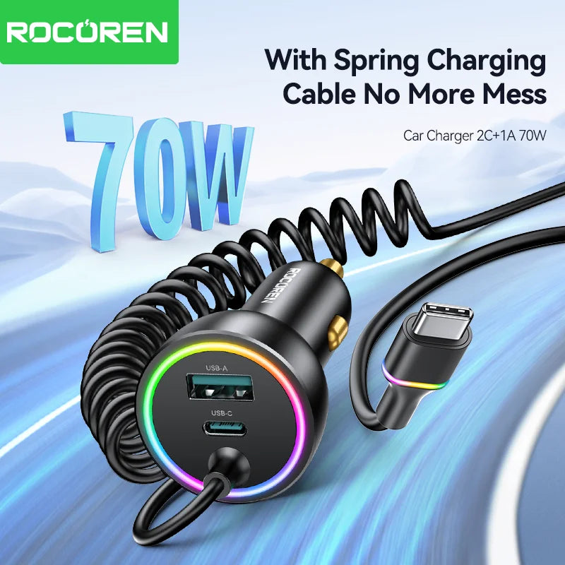 70W Fast USB-C Car Charger with 1.6m Retractable Spring Cable