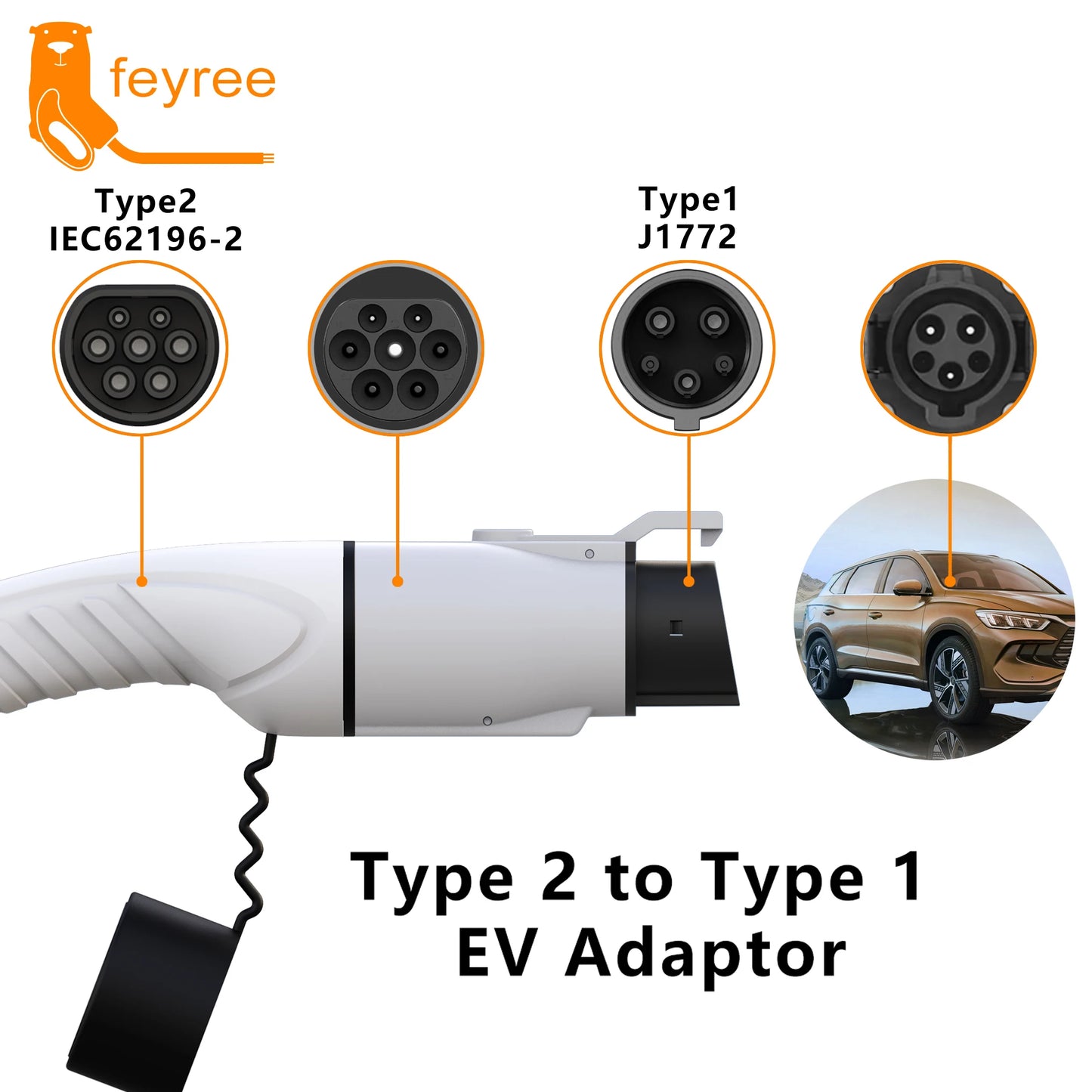 EV Charger Adapter Type 2 to Type 1 - 32A 7KW Fast Charging Connector