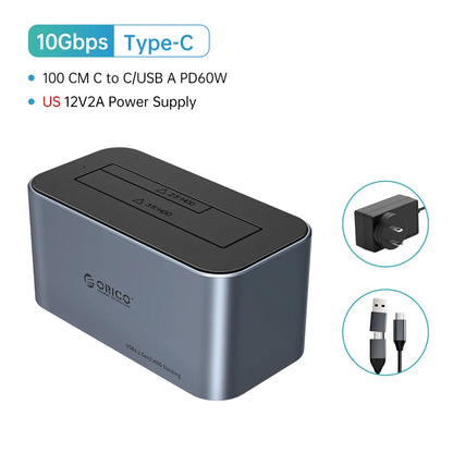 ORICO Dual-Bay Hard Drive Docking Station, 10Gbps Type-C for 2.5/3.5" HDD/SSD