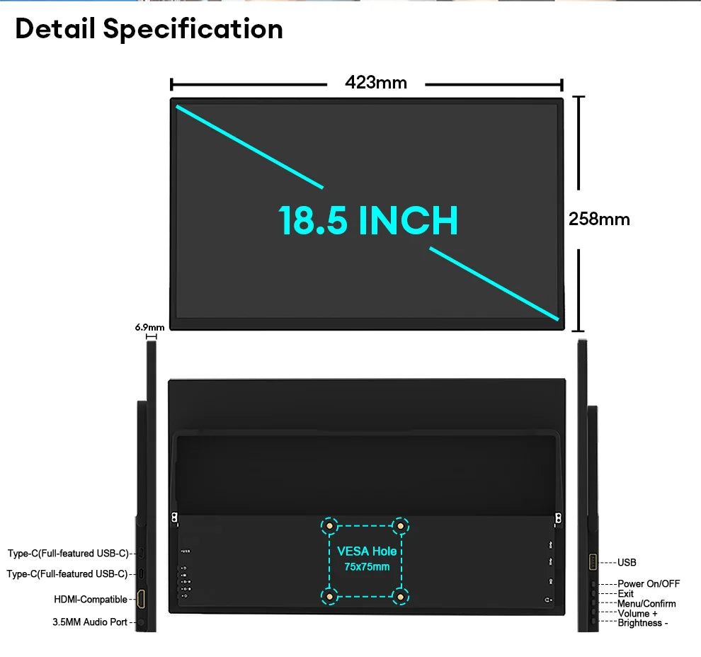 18.5" 100Hz Portable Gaming Monitor - Full HD 1080P IPS Display - 15