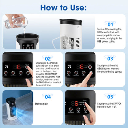 Portable Mini Air Cooling Fan - Desktop Misting Cooler with 6 Speeds & LED Light