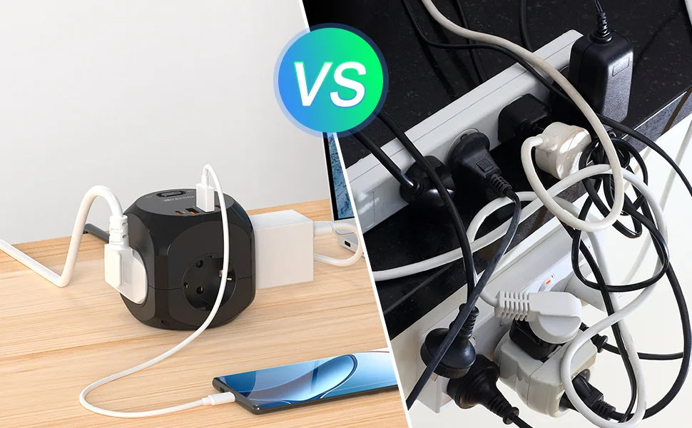4-Way Cube Power Strip with USB-C & USB-A Fast Charging - 2M Extension Cord