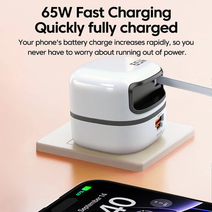 65W Fast USB-C Charger & Retractable Cable Adapter for Laptop and Phone