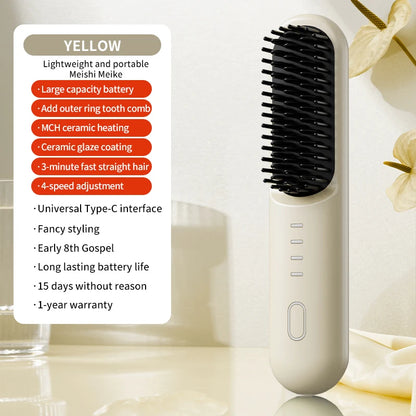 Fast Heating Cordless Hair Straightening Brush - Anti-Frizz Ionic Styling Comb