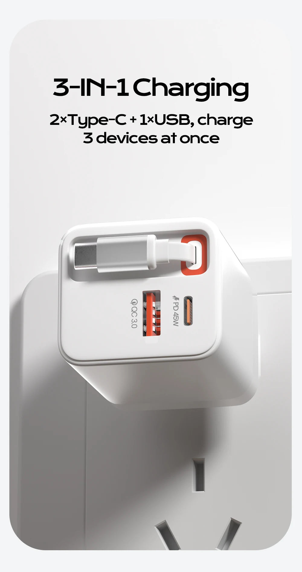 65W Retractable USB-C Fast Charger - Portable PD Travel Adapter for Laptop - 9