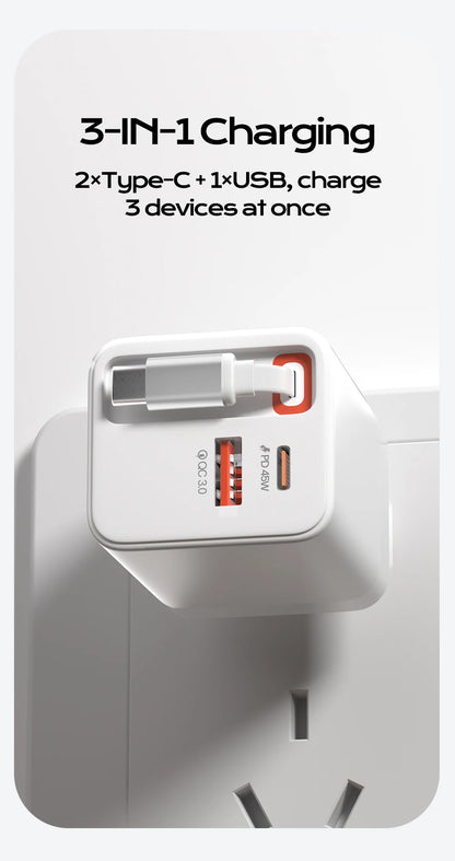 65W Retractable USB-C Fast Charger - Portable PD Travel Adapter for Laptop