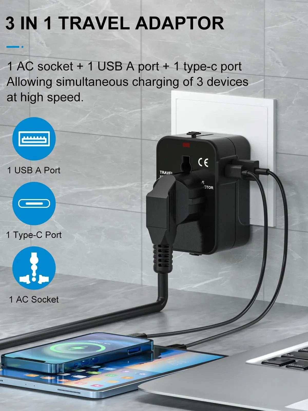 Universal All-in-One Travel Adapter with USB-C for Over 224 Countries