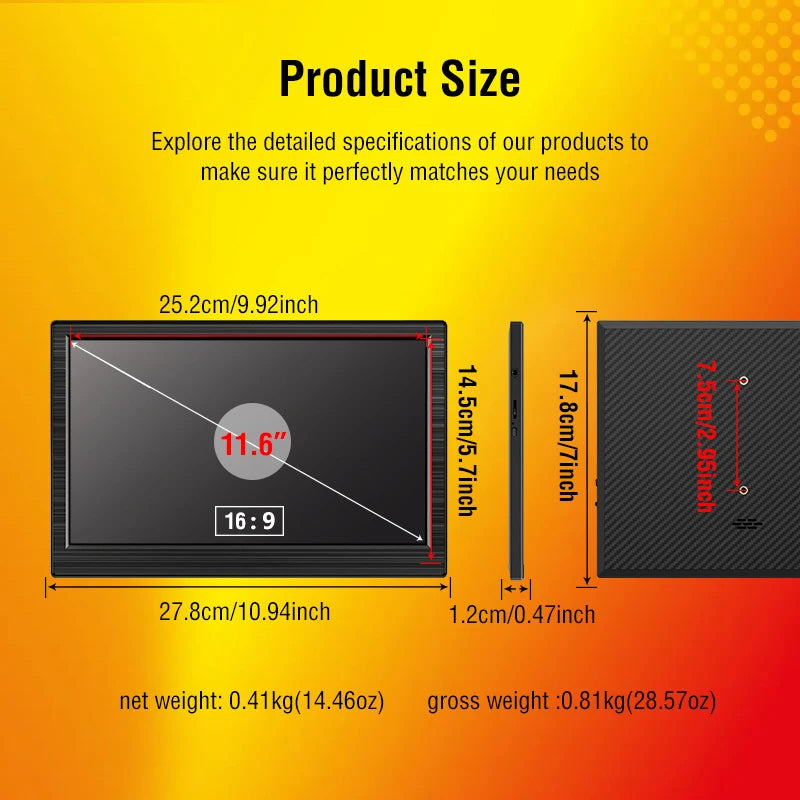 11.6" Portable Laptop Monitor - HDMI & Type-C External Travel Screen