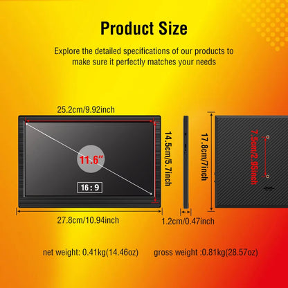 11.6" Portable Laptop Monitor - HDMI & Type-C External Travel Screen