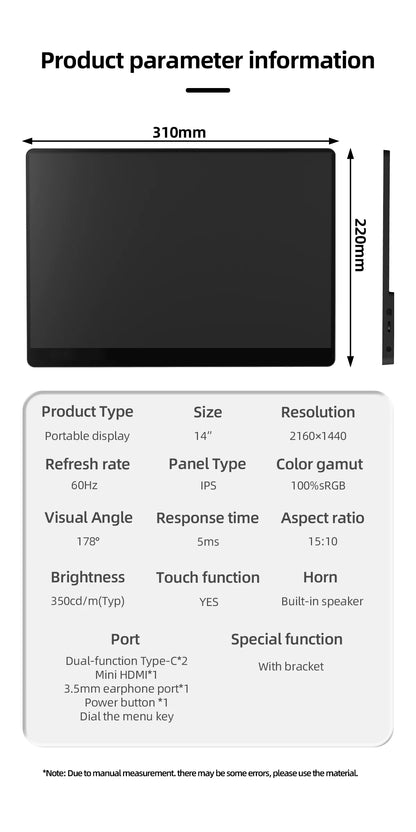 14-Inch 2K Portable Monitor - Ultra HD 60Hz HDR Laptop Display