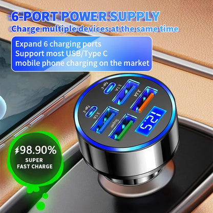 100W 6-Port Fast Car Charger - USB-C PD & QC3.0 Multi-Device Adapter