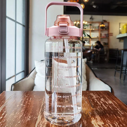 2L Large Motivational Water Bottle with Straw & Time Markers for Fitness