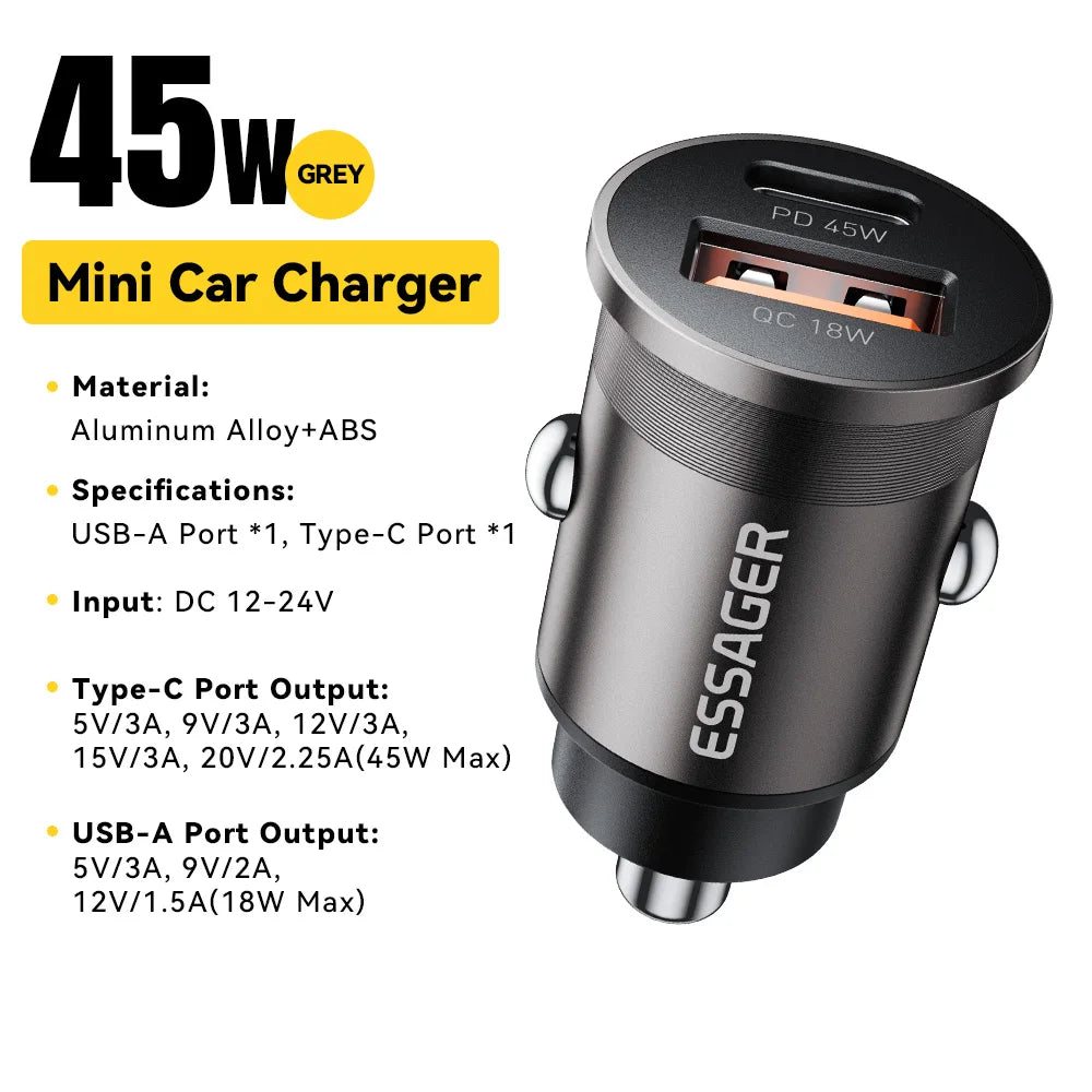 45W Dual Port Fast Car Charger - USB-C & USB-A PD Fast Charging Adapter