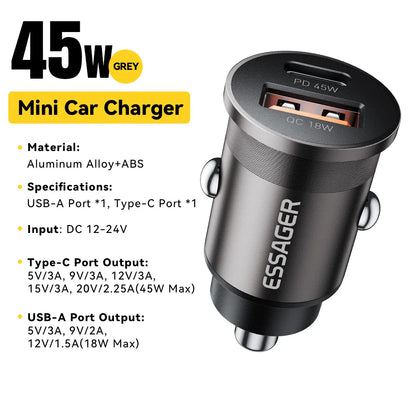 45W Dual Port Fast Car Charger - USB-C & USB-A PD Fast Charging Adapter