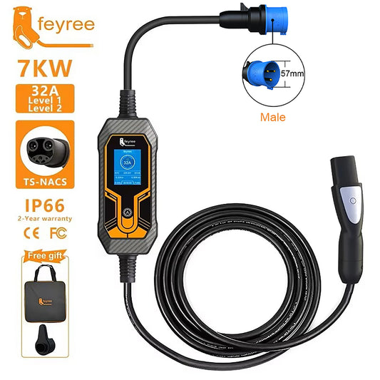 7KW Portable EV Charger for Tesla - Level 2 Adjustable Current Wallbox 5m