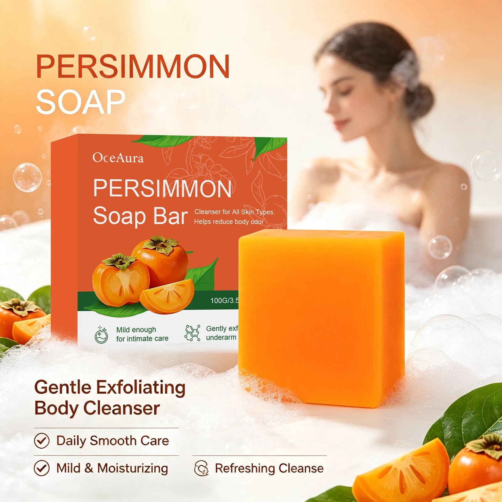 Natural Persimmon Soap Bar for Body Odor Control & Deep Exfoliating Skin Care - 1