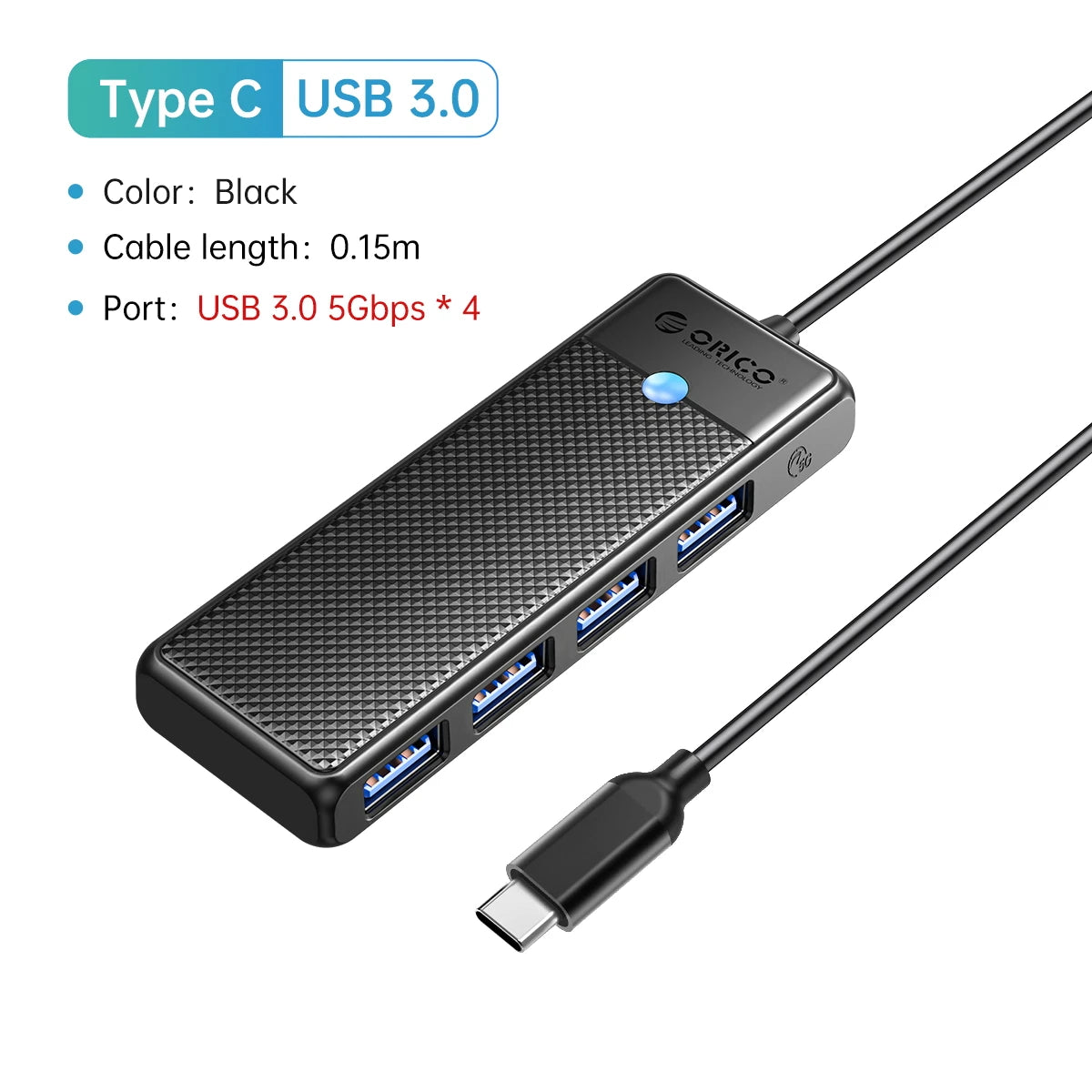 4-Port USB 3.0 Type-C Hub - Ultra-Slim High-Speed Data Expansion Adapter
