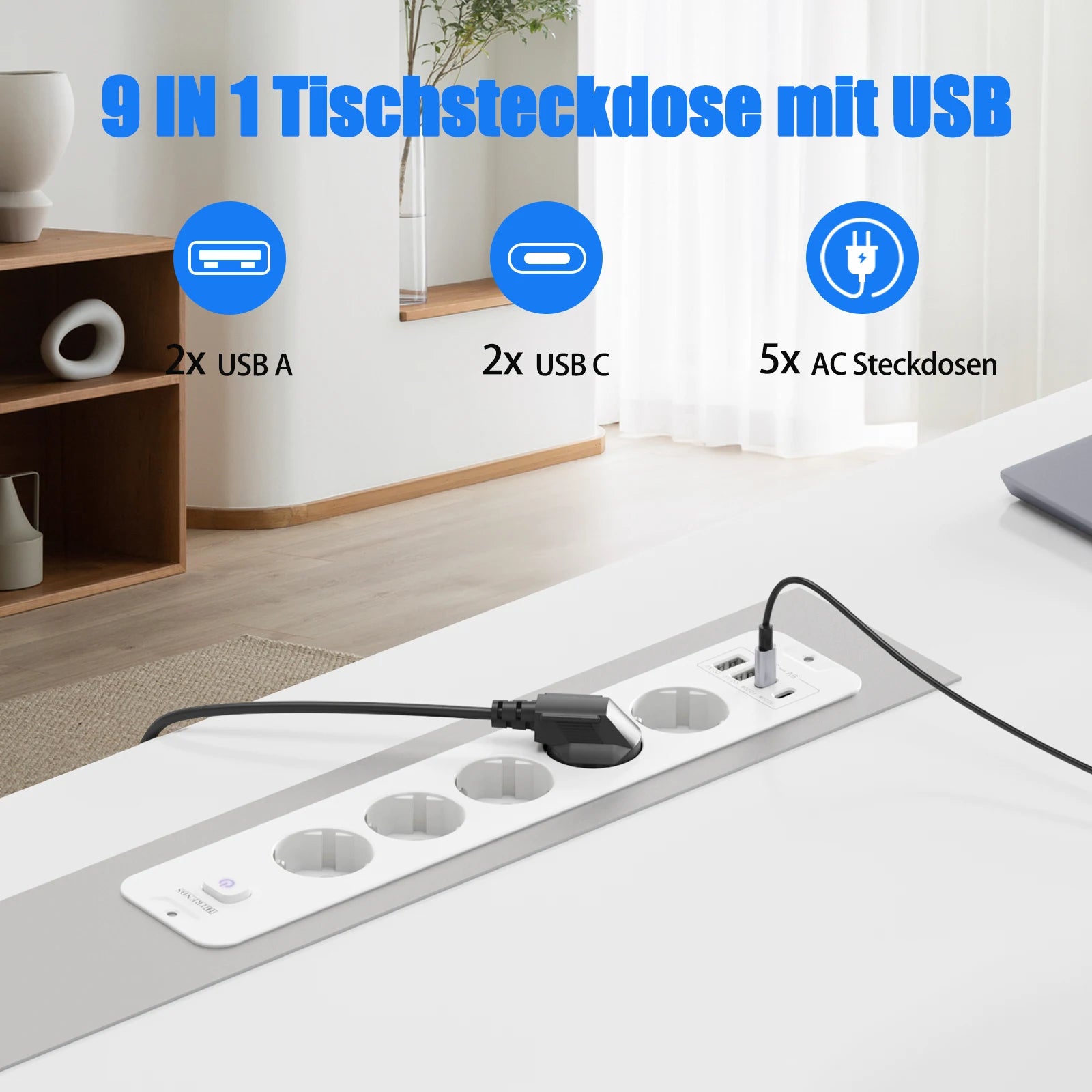 10-in-1 Recessed Power Strip with 20W USB-C PD & Fast Charging Wall Socket - 2