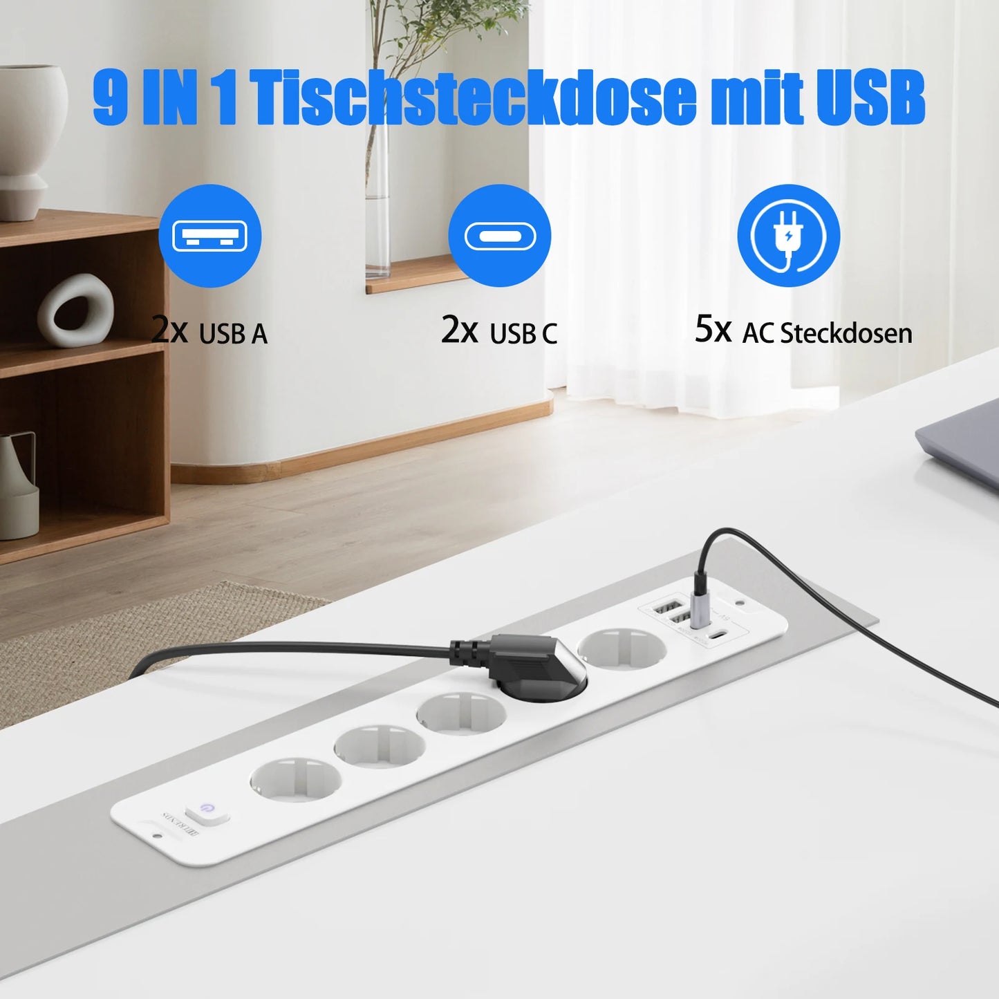10-in-1 Recessed Power Strip with 20W USB-C PD & Fast Charging Wall Socket