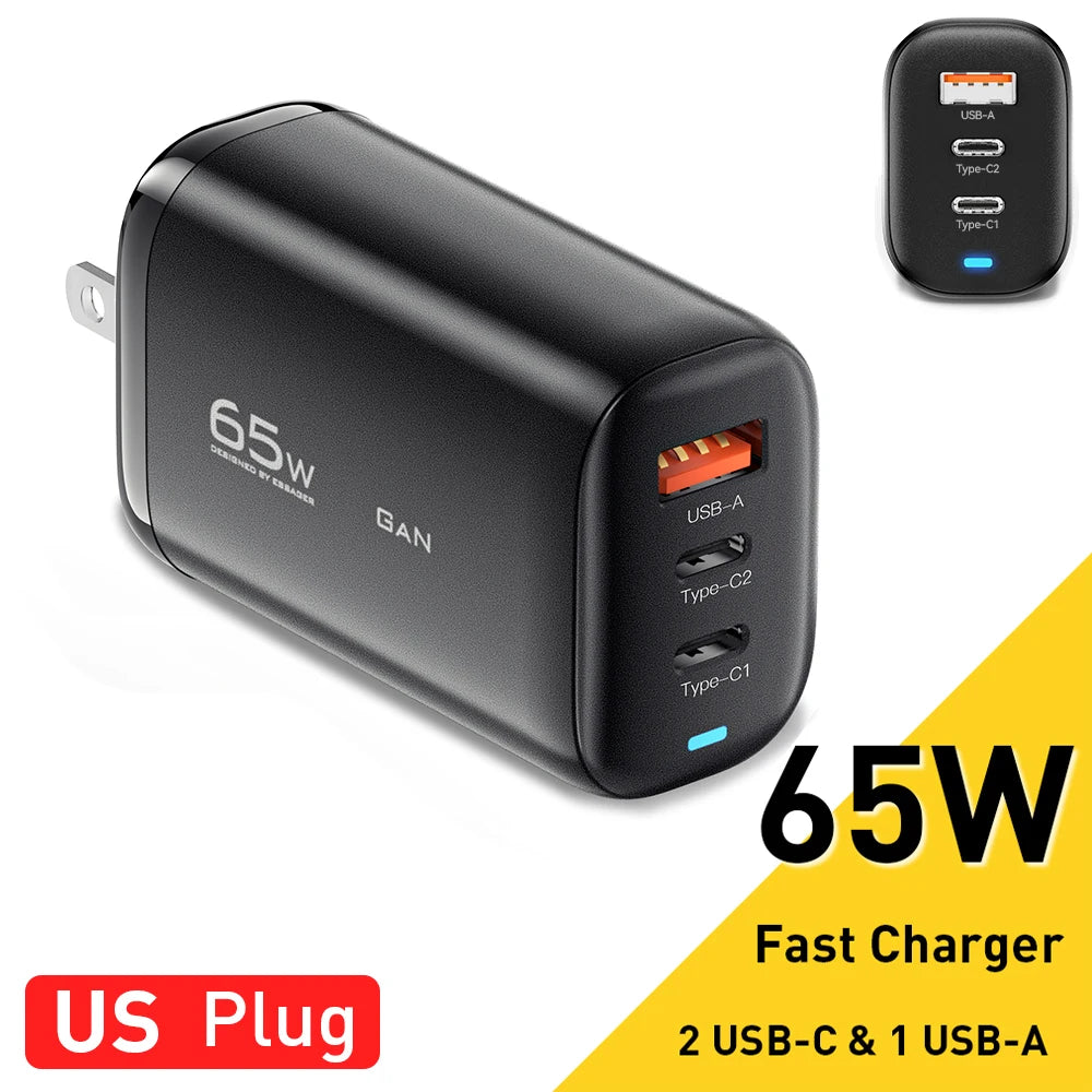 65W GaN Fast Charger - Triple Port USB-C Wall Charger for Laptop & Phone