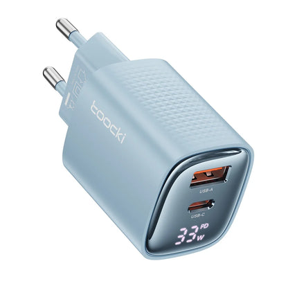 33W GaN Digital Display Fast Charger - USB-C & USB-A Dual Port Power Adapter