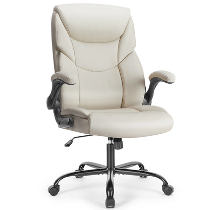 Ergonomic PU Leather Office Desk Chair with Flip-Up Arms & Lumbar Support