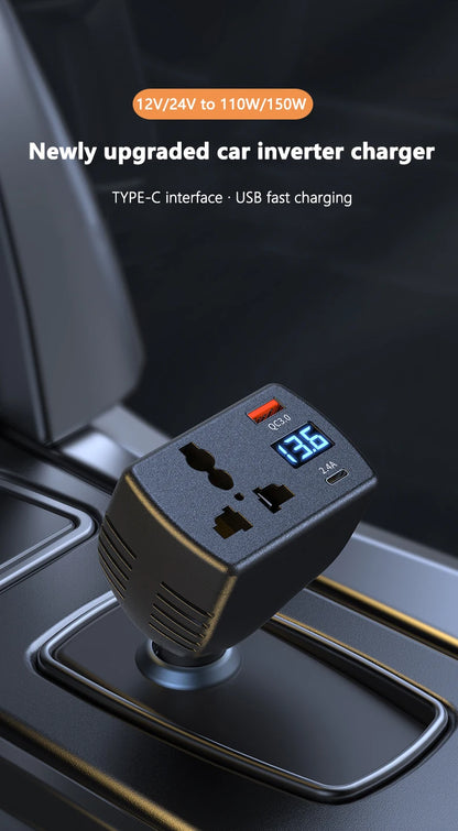 150W Car Power Inverter 12V/24V to 220V with Fast USB Charger & Voltage Monitor