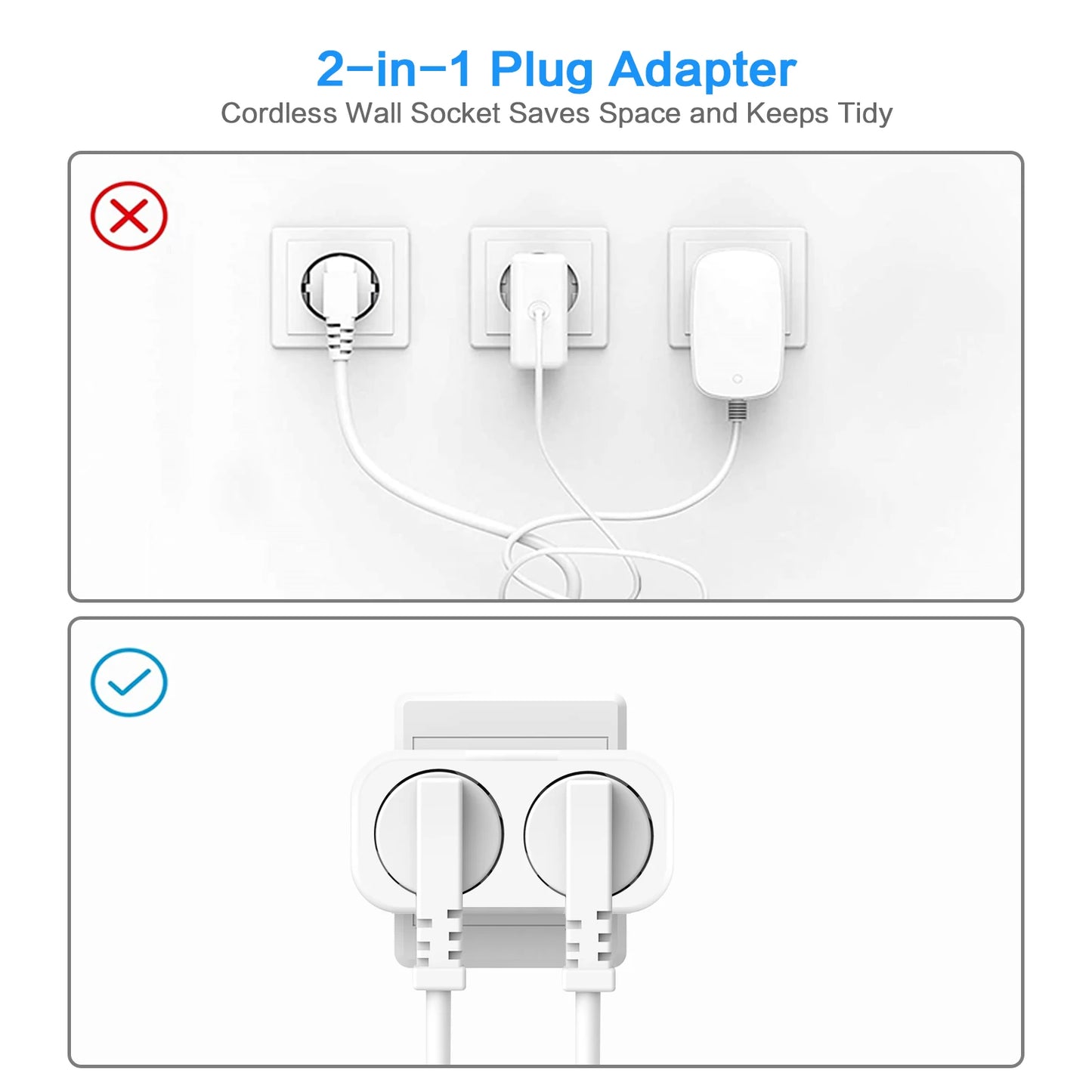 European 2-Way Wall Socket Adapter 16A 3680W Compact Travel Power Plug