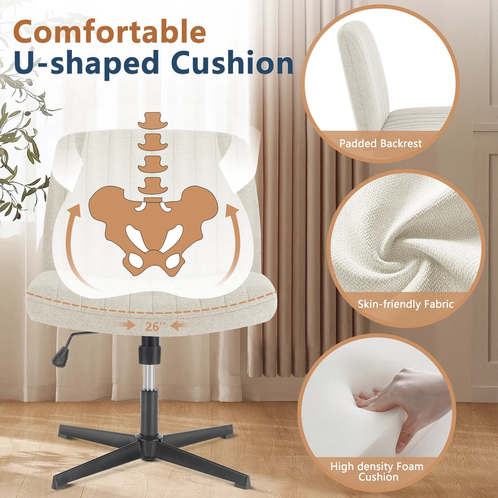Wide Armless Cross-Legged Office Chair - Adjustable Swivel Vanity Desk Chair - 2