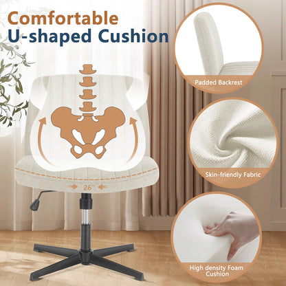 Wide Armless Cross-Legged Office Chair - Adjustable Swivel Vanity Desk Chair