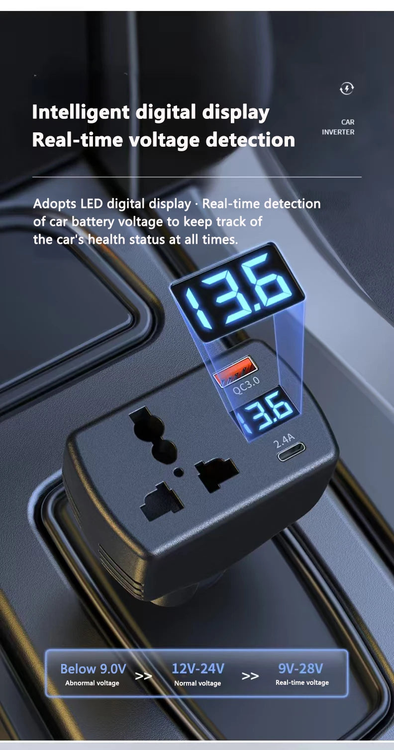 150W Car Power Inverter 12V/24V to 220V with Fast USB Charger & Voltage Monitor - 7