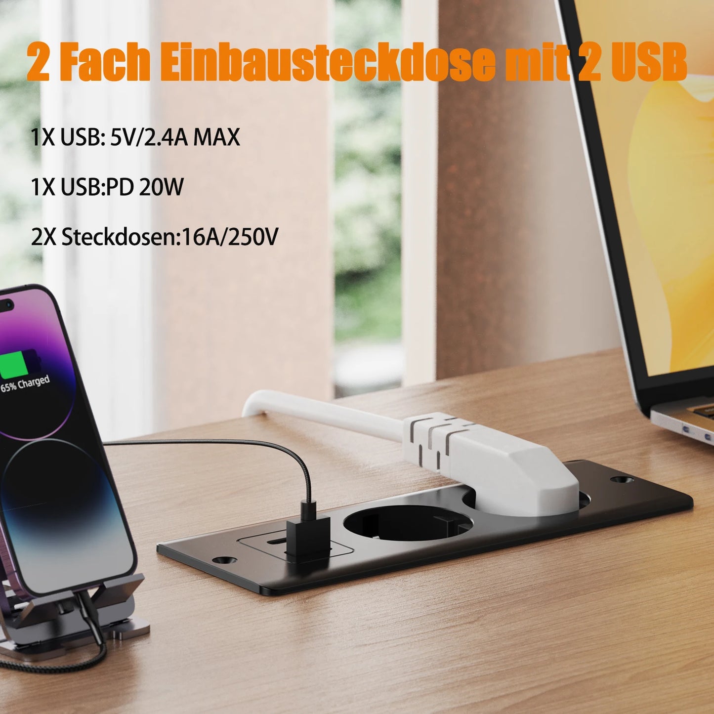 German Standard Dual Socket with PD 20W USB-C & 2.4A USB Fast Charging