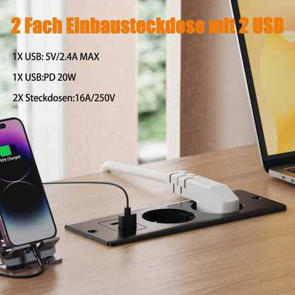 German Standard Dual Socket with PD 20W USB-C & 2.4A USB Fast Charging