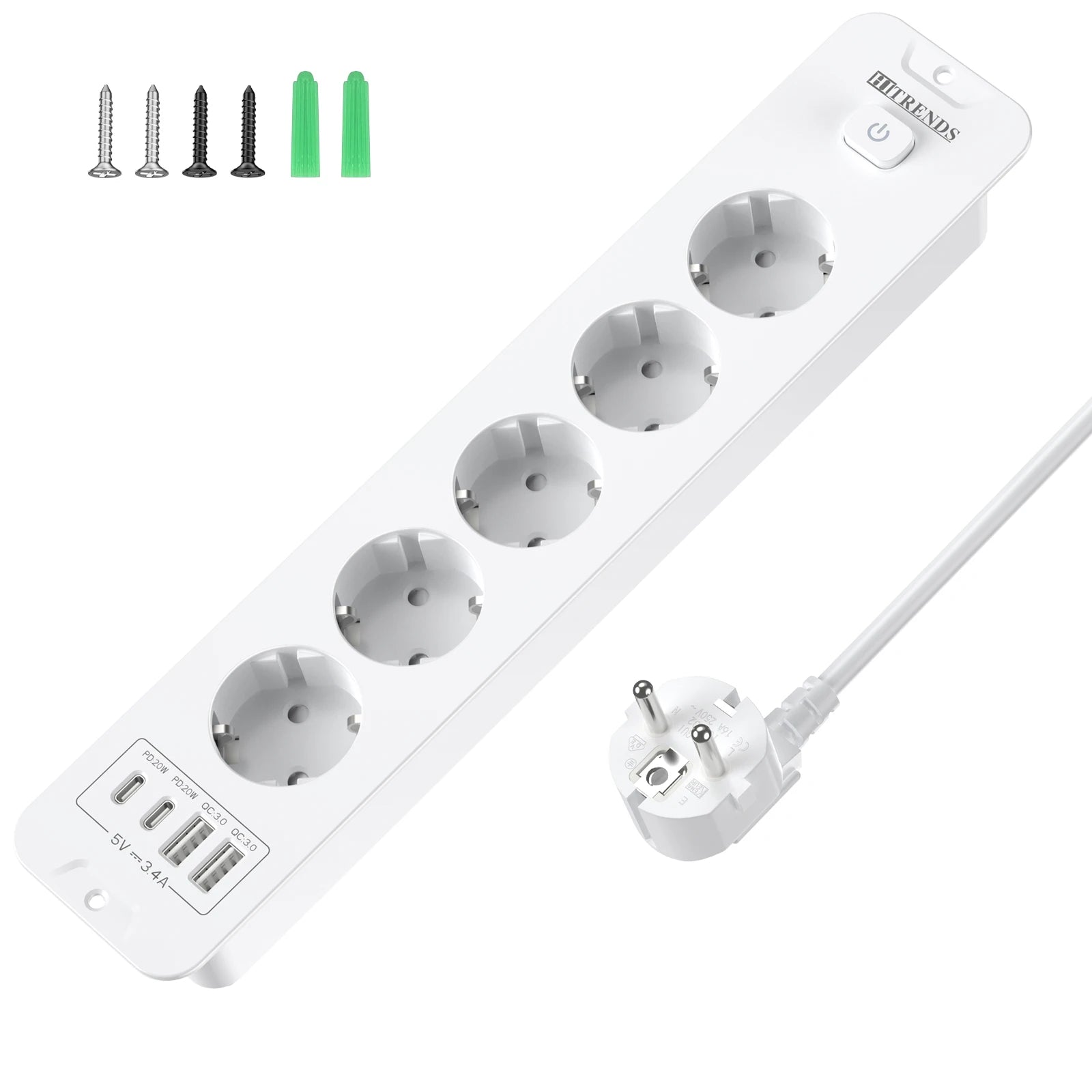 10-in-1 Recessed Power Strip with 20W USB-C PD & Fast Charging Wall Socket - 21