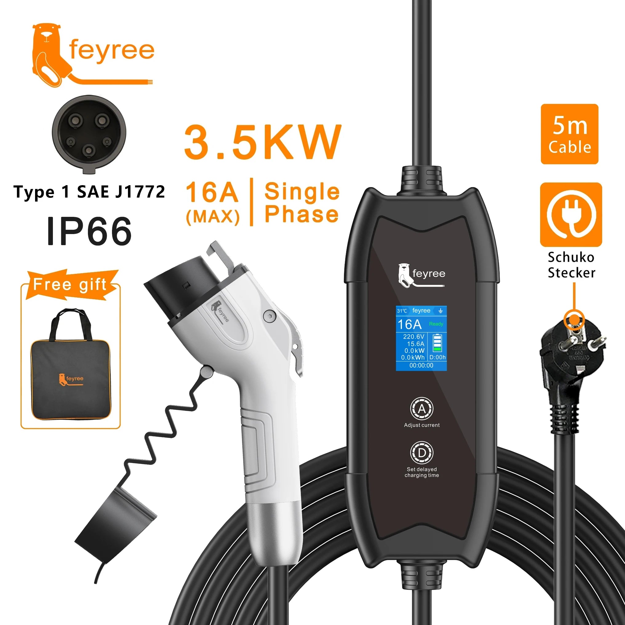 Portable 3.5KW EV Charger - 16A Adjustable Electric Vehicle Charging Cable - 33