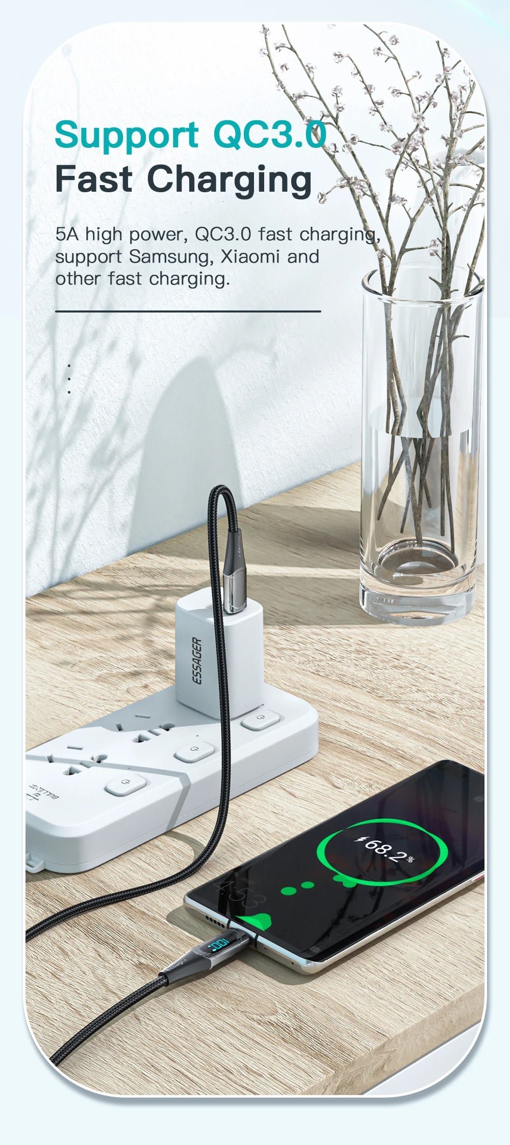 Essager 100W USB-C to USB-C Fast Charging Cable with LED Display - 14
