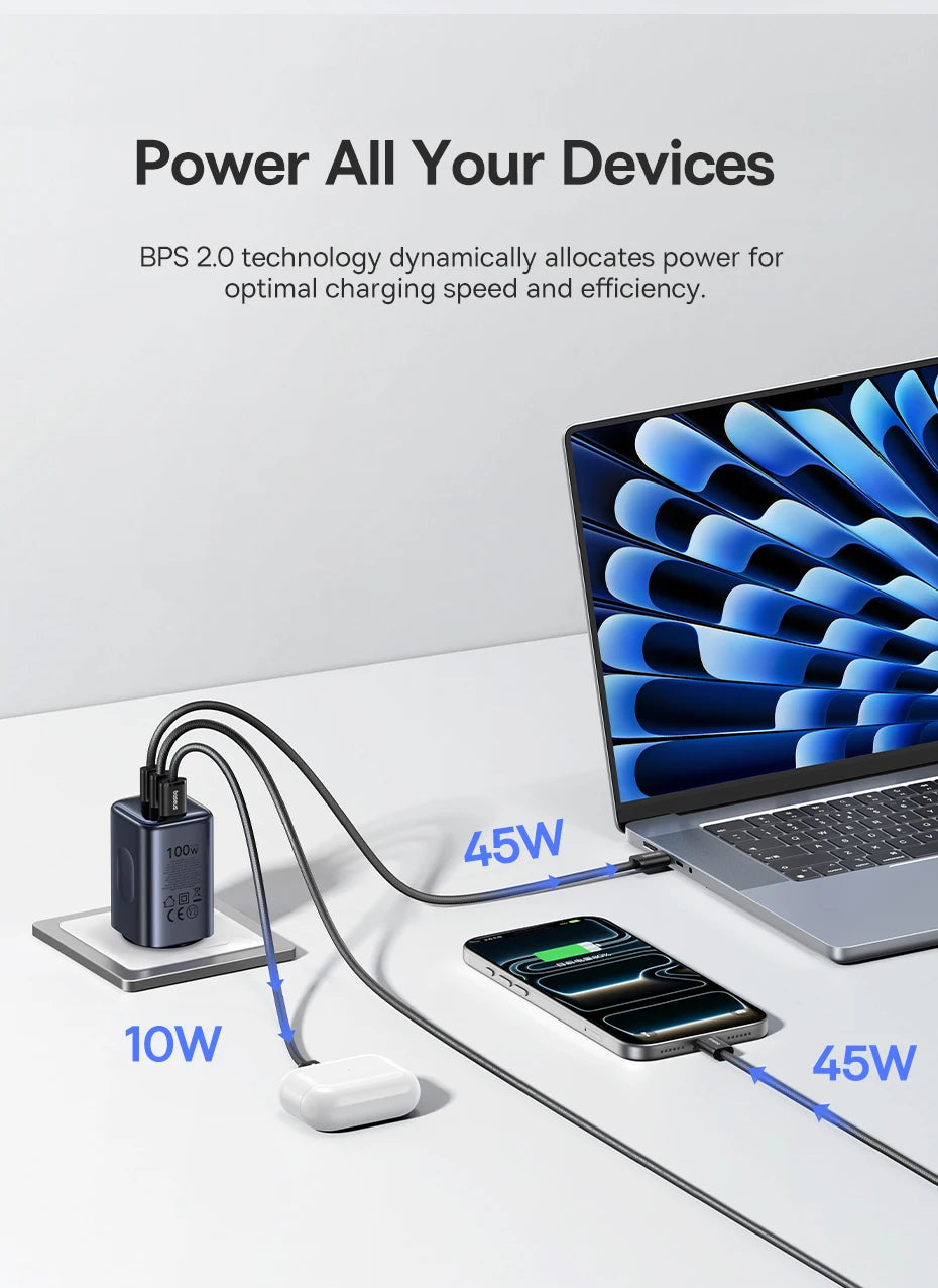 100W GaN Fast Charger - 3-Port USB-C Laptop & Phone Power Adapter