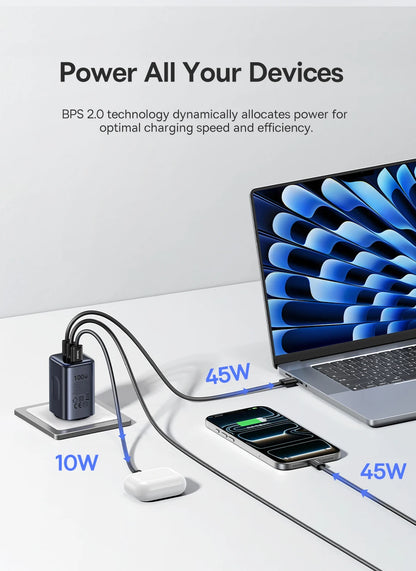 100W GaN Fast Charger - 3-Port USB-C Laptop & Phone Power Adapter