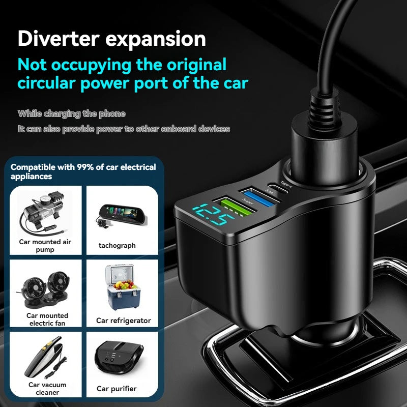 66W Fast Car Charger - Multi-Function Dual USB Cigarette Lighter Adapter - 4