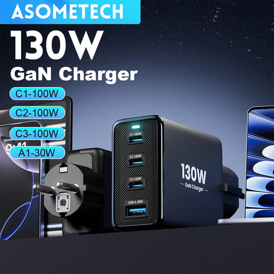 130W GaN 4-Port Fast Charger - PD3.0 QC4.0 USB-C Wall Adapter for Laptops