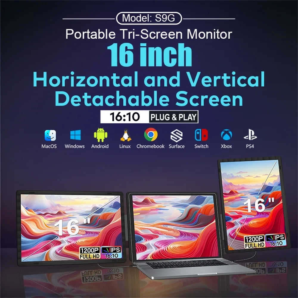 14-16" Dual Screen Laptop Monitor Extender - FHD IPS Portable Triple Display - 22