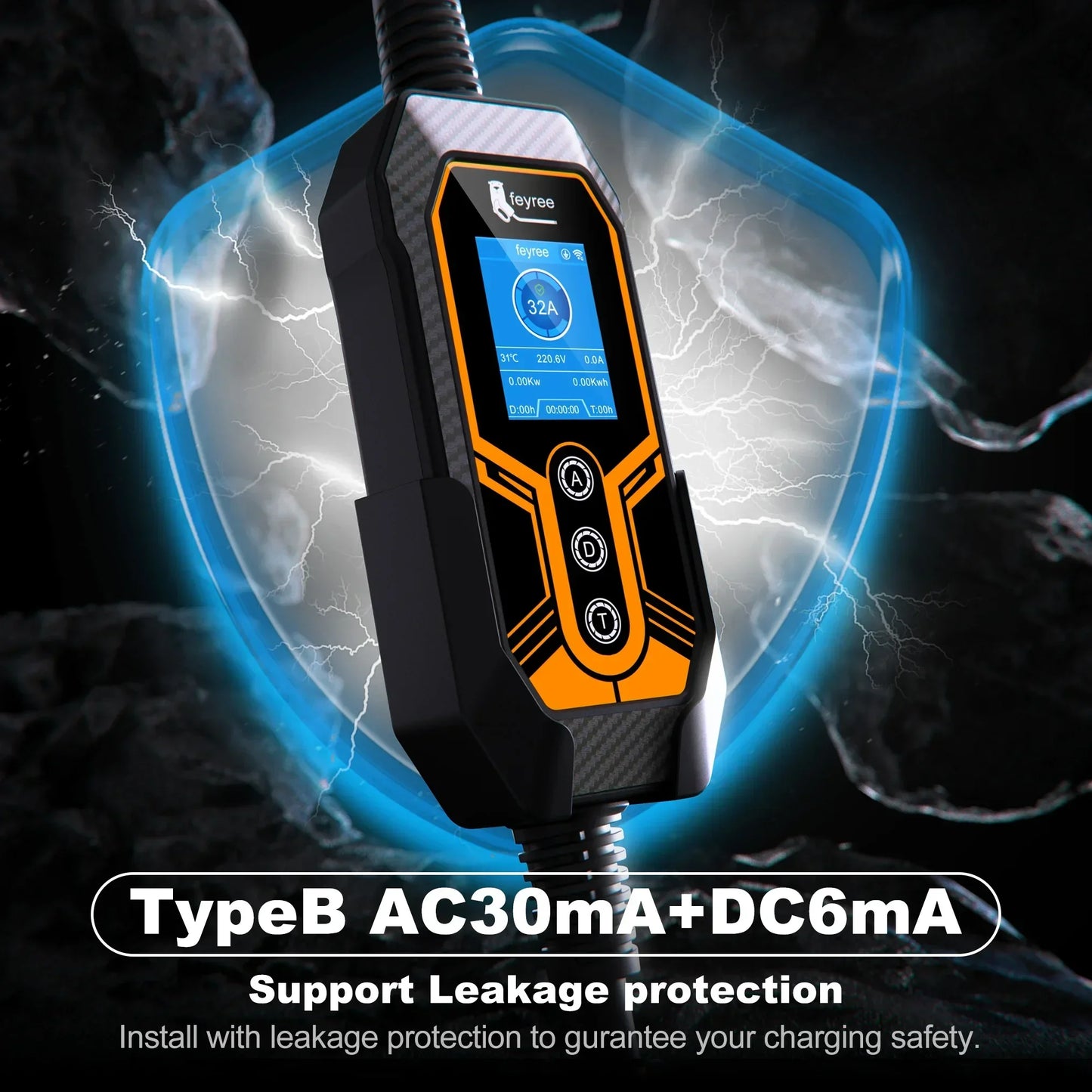 7KW Portable EV Charger - Adjustable 32A Type 2 Electric Vehicle Charging Box