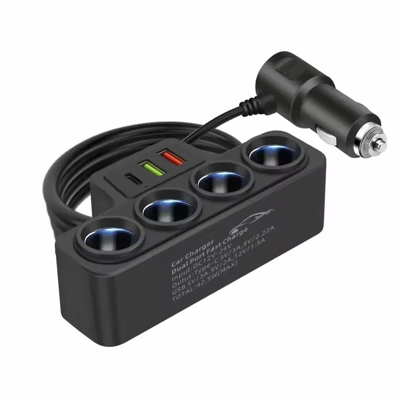 120W 4-Port Fast Car Charger - USB & Type-C Multi-Device Power Adapter - 13